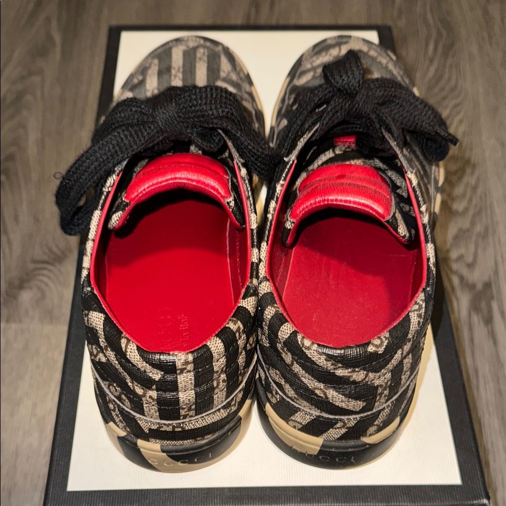 Patterned Black & Beige Low-Top Sneakers with Red Interior - Picture 2 of 5